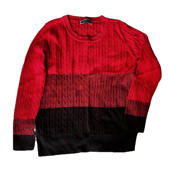 Karen Scott Sweater Sz L Pullover Red Black Stripe Cableknit Winter Fall Festive - Picture 1 of 8